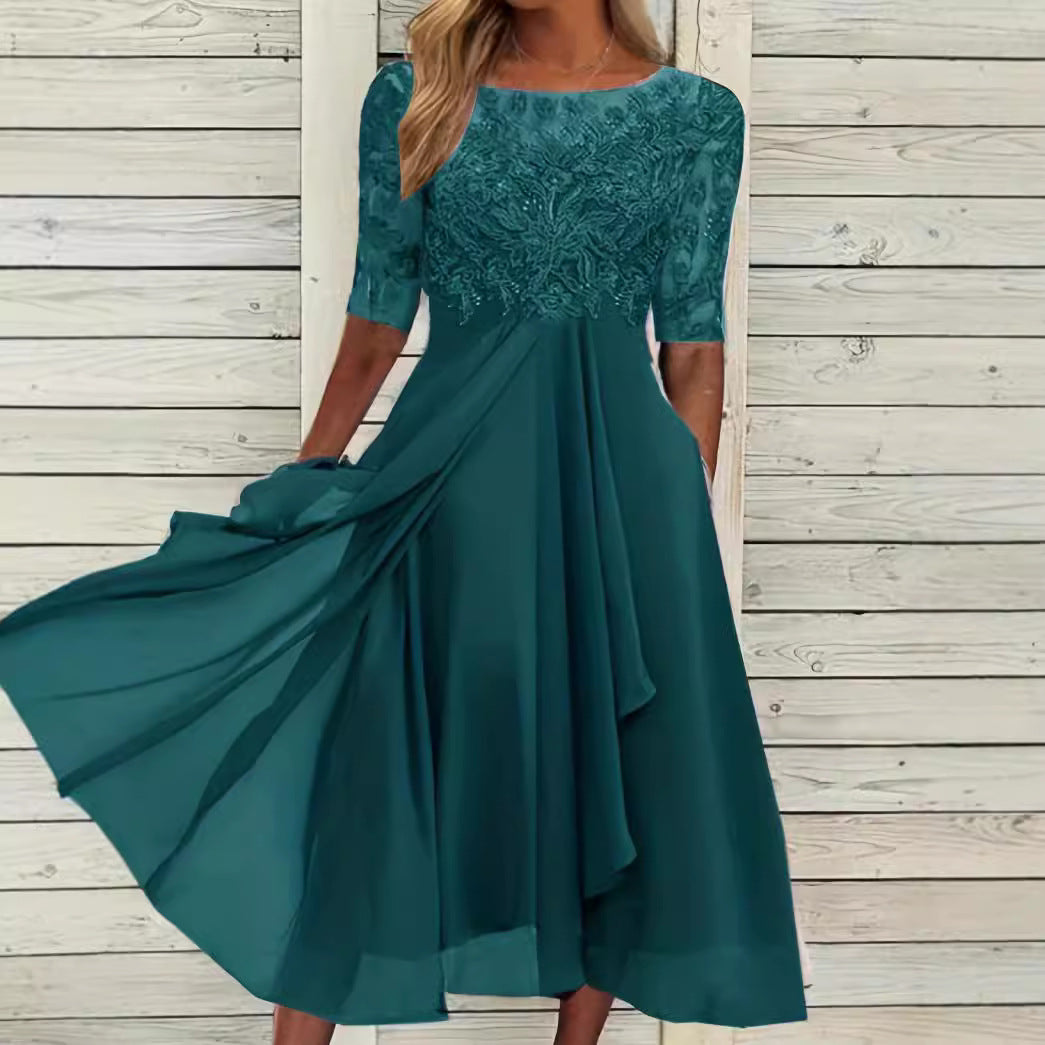 Damen nan elegantes Chiffon-Midikleid mit besticktem Spitzenoberteil und halblangen Ärmeln EB