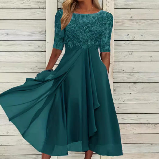 Damen nan elegantes Chiffon-Midikleid mit besticktem Spitzenoberteil und halblangen Ärmeln EB