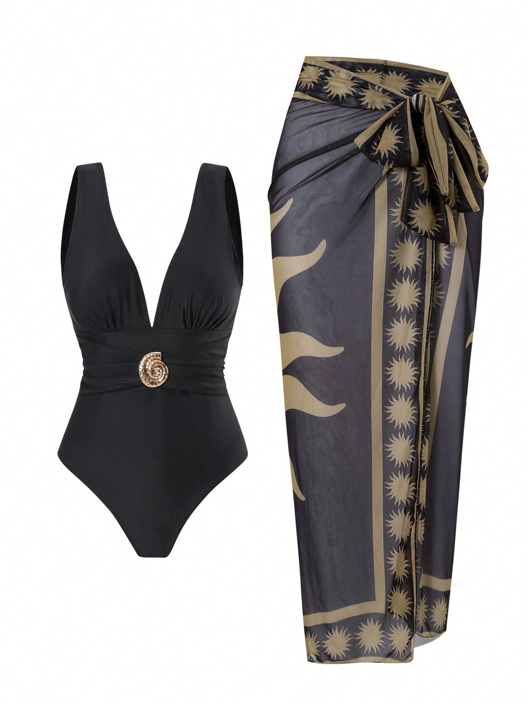 Damen Badeanzug mit femininem Wickelrock und elegantem Schmuckdetail EB