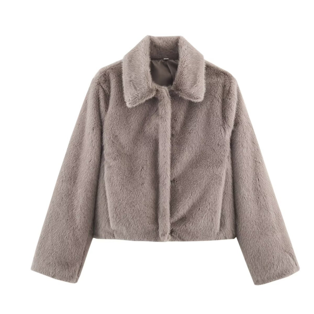 Damen nan kurz geschnittene vegane Webpelz-Jacke mit breitem Umlegekragen und verdeckter Druckknopfleiste EB