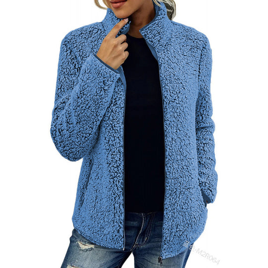 Damen flauschige Fleecejacke mit hohem Kragen und seitlichen Taschen EB