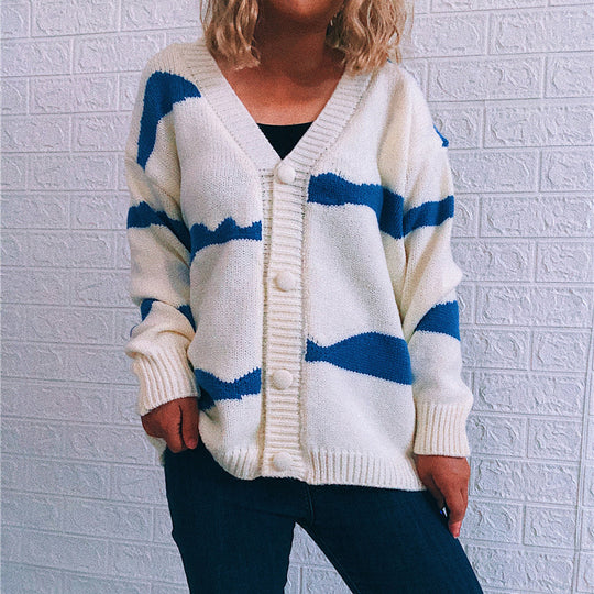 Damen gestreifte Strickjacke mit Knopfverschluss und weitem Schnitt EB