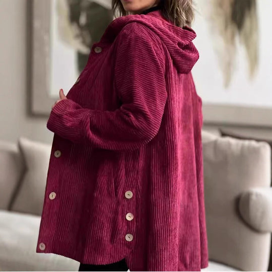 Damen Lässige cordjacke mit Kapuze und großen Knöpfen EB