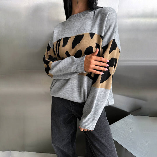 Damen Oversized Strickpullover mit Leoparden-Bahnen, überschnittener Schulter und geripptem Saum Eichborn Berlin