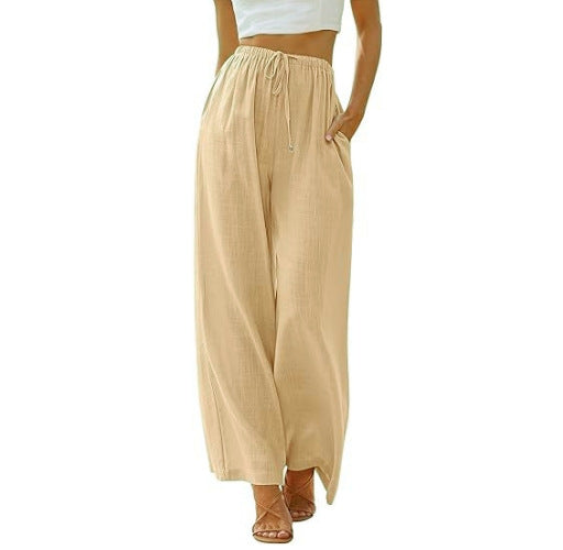 Damen nan weite Leinenhose mit elastischem Bund Kordel und Seitentaschen EB
