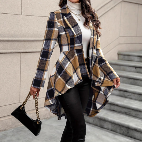 Damen Elegante und fließende Karojacke mit asymmetrischem Saum EB