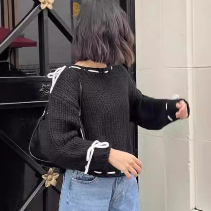 Damen lässiger Pullover mit offener Schulter und dekorativem Bindegürtel EB