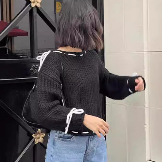 Damen lässiger Pullover mit offener Schulter und dekorativem Bindegürtel EB