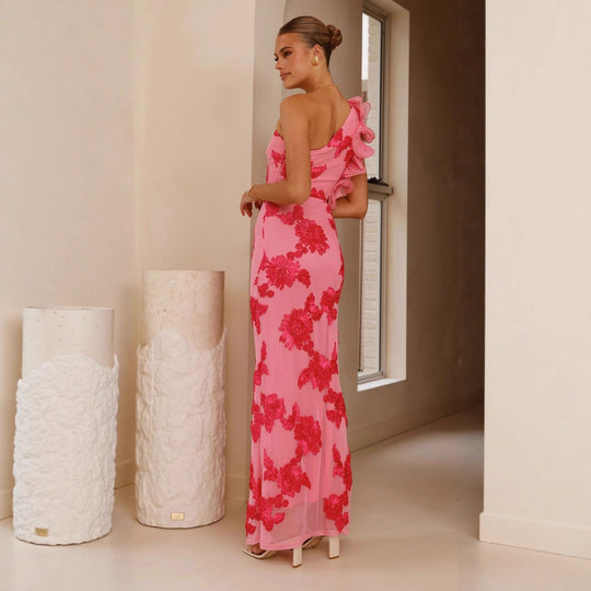 Damen Elegantes und figurbetontes Maxikleid mit asymmetrischem Träger und floralen Applikationen EB