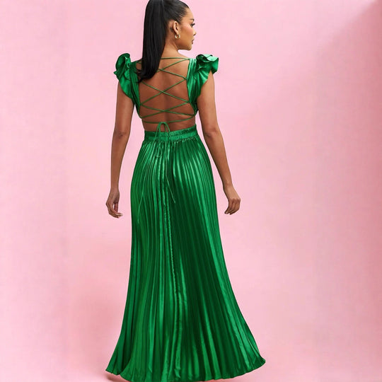 Damen Glamouröses Plissee-Maxikleid mit tiefem V-Ausschnitt und Puffärmeln EB