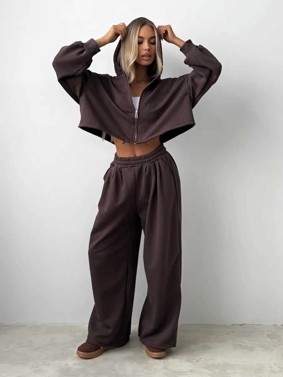 Damen Kurz geschnittenes Kapuzen-Sweatshirt und weite Lounge-Jogginghose Set EB