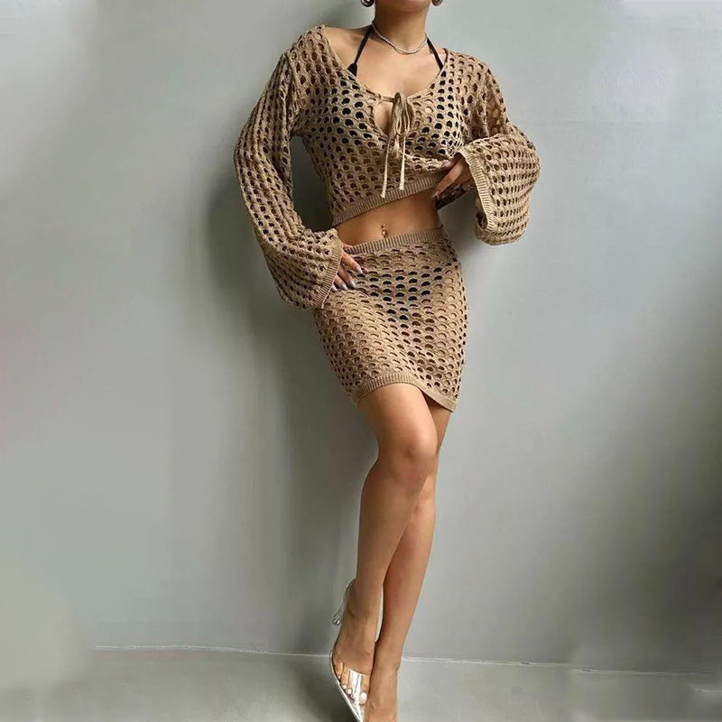 Damen gehäkeltes Strandoutfit mit offener Front EB