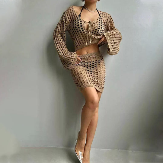 Damen gehäkeltes Strandoutfit mit offener Front EB