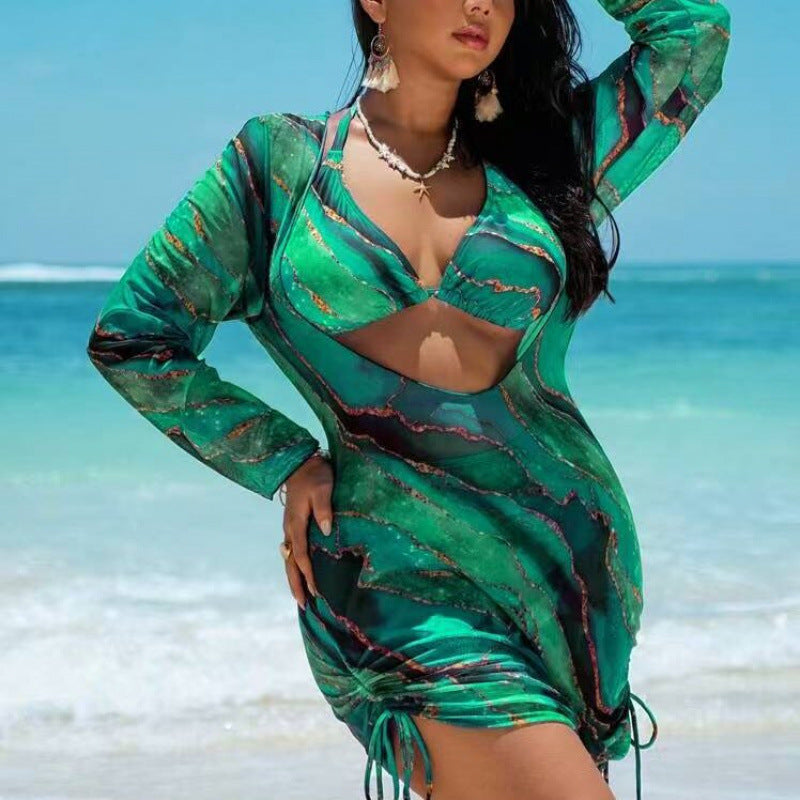 Damen Strandkleid mit transparenten Einsätzen und modischem Wickel-Design EB