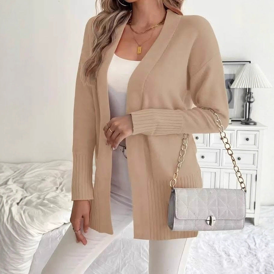 Damen Langer Strickcardigan mit feinen Rippdetails und lässigem Schnitt EB