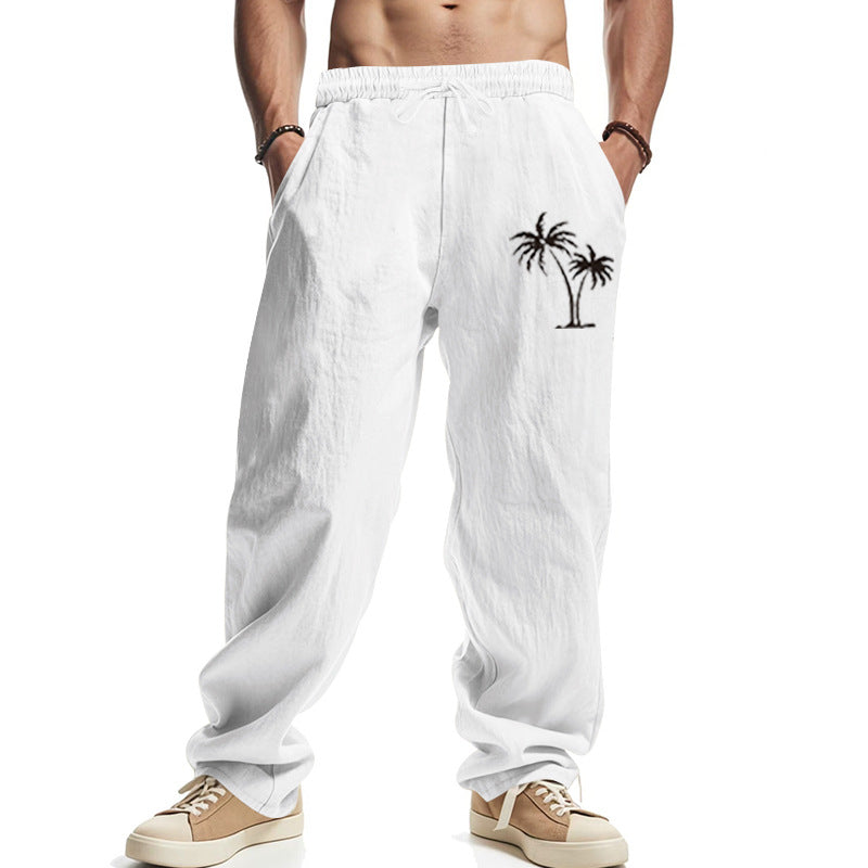 Herren Leichte Leinenoptik-Freizeithose mit elastischem Bund, Kordelzug & Palmen‑Stickerei EB