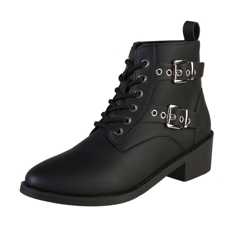 Damen modische Schnürstiefeletten mit praktischen Schnallen und robustem Absatz EB
