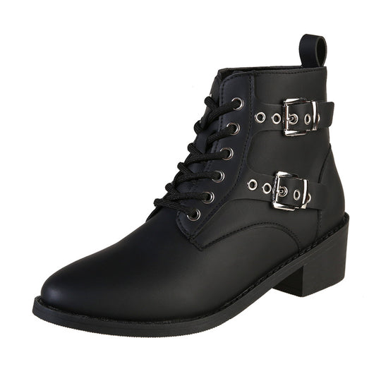 Damen modische Schnürstiefeletten mit praktischen Schnallen und robustem Absatz EB
