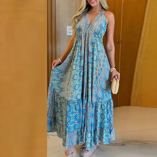 Damen Maxi-Kleid im verspielten Boho-Stil mit Volants und tiefer Taille EB