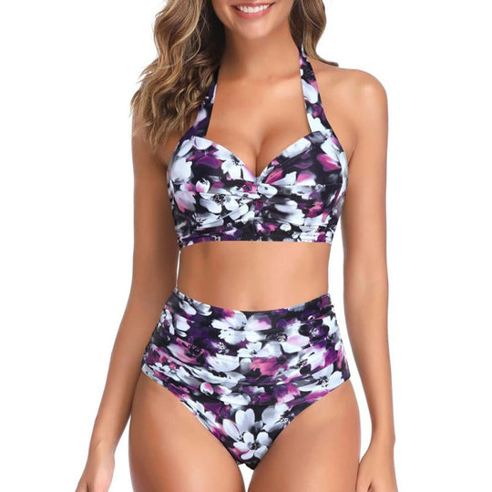 Damen Hochtaillierter Karobikini mit gerafftem Oberteil EB