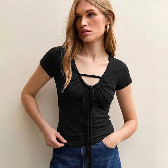 Damen figurbetontes Kurzarm-Top mit Rüschendetails und Bindeband EB