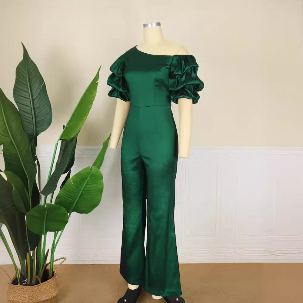 Damen Eleganter Jumpsuit mit asymmetrischen Puffärmeln EB