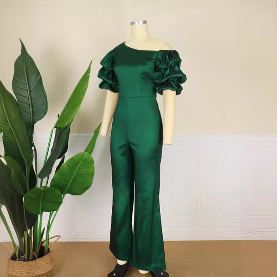 Damen Eleganter Jumpsuit mit asymmetrischen Puffärmeln EB