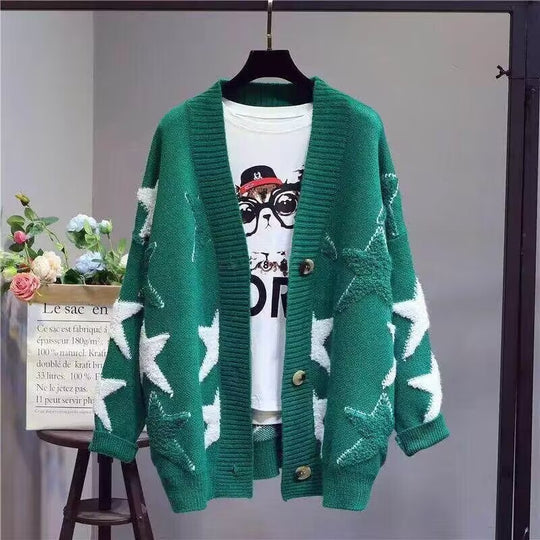 Damen Grobstrick-Cardigan mit Sternenmuster und tiefem V-Ausschnitt EB