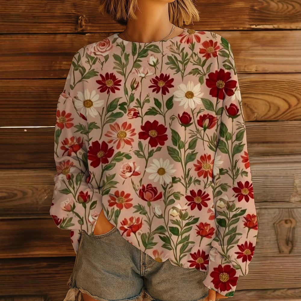 Damen Geblümter Oversize-Sweatshirt-Pullover mit Rundhals und Ballonärmeln EB