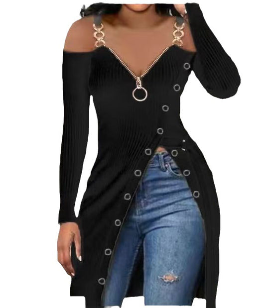 Damen Kleid mit tiefem Ausschnitt und dekorativen Knopfdetails EB
