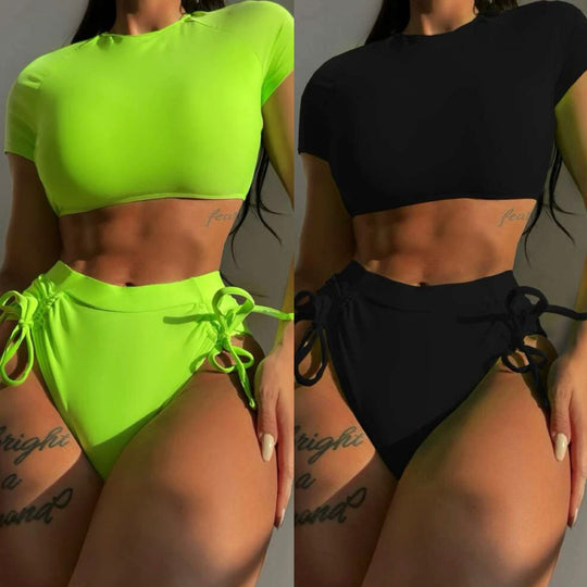 Damen Sportliches Bikini-Set mit hohem Bund und dekorativen Bindebändern EB