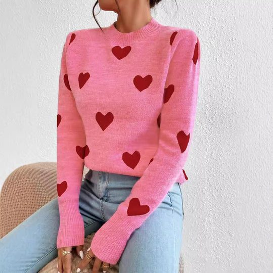 Damen nan kaschmirähnlicher Feinstrickpullover mit Allover-Herzmotiv, Rundhalsausschnitt und verlängerten Bündchen EB