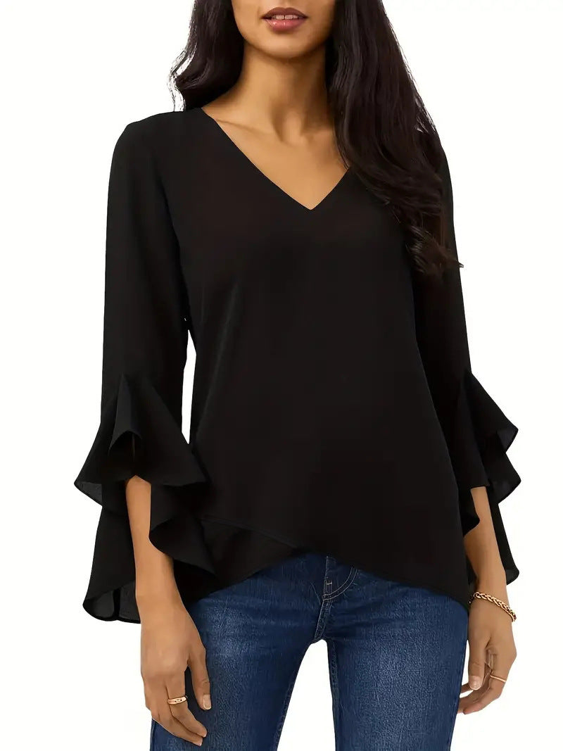 Damen Elegante Bluse mit Rüschendetails und tiefem V-Ausschnitt EB