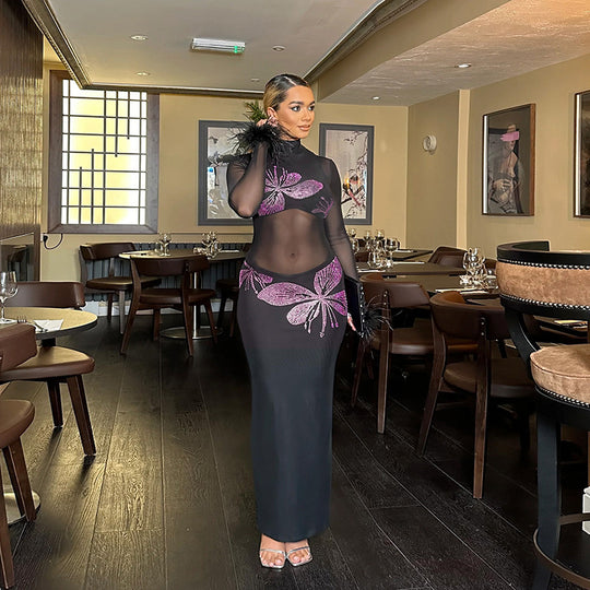 Damen Transparente Maxi-Robe mit kunstvollen Schmetterlingsdetails EB