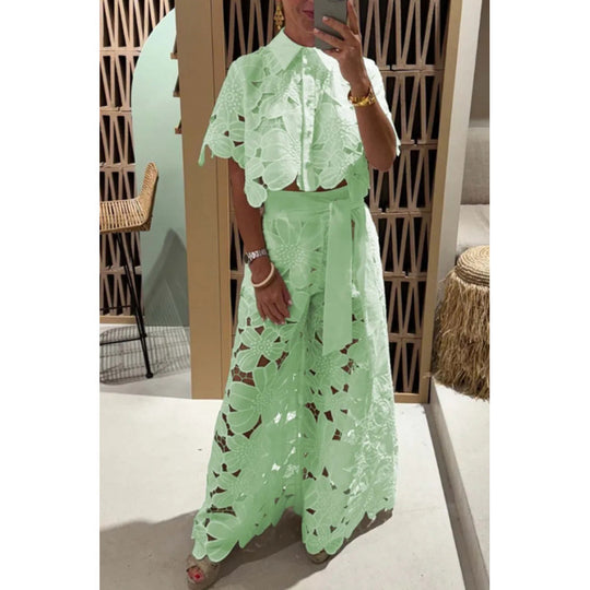 Damen Zweiteiliges Spitzen-Set mit Blumenstickerei und Palazzohose EB