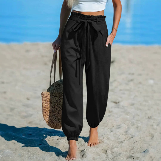 Damen Leichte Paperbag-Hochbund-Hose mit Bindegürtel, Seitentaschen und elastischen Knöchelbündchen EB