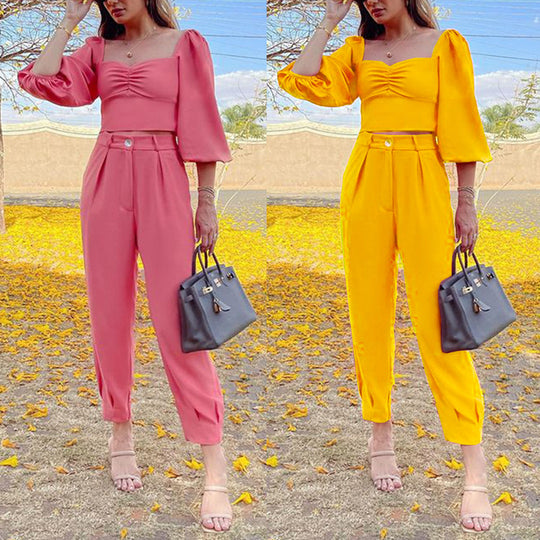 Damen Zweiteiliges Set mit puffärmeligem Oberteil und stilvollen Hosen EB
