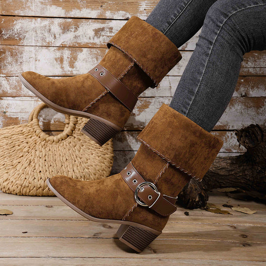 Damen modische Ankle-Boots mit breitem Umschlag und dekorativem Riemchen EB