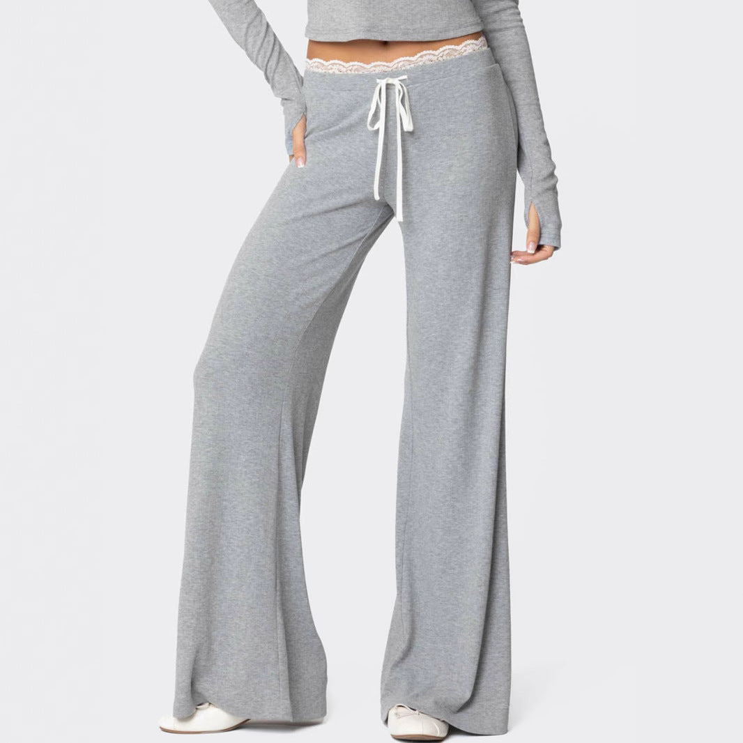 Damen Hellgraue Freizeithose mit elastischem Bund und dekorativem Spitzenabschluss EB