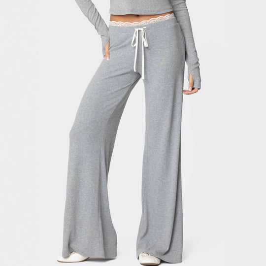 Damen Hellgraue Freizeithose mit elastischem Bund und dekorativem Spitzenabschluss EB