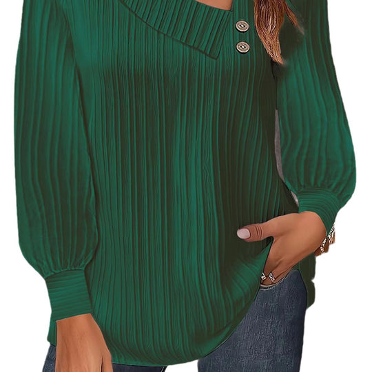 Damen Plissiertes Oberteil mit asymmetrischem Kragen und eleganten Knopfdetails EB