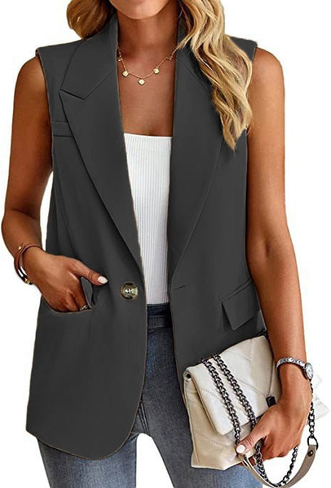 Damen ärmellose Blazerjacke mit Taillenakzenten und praktischen Taschen EB