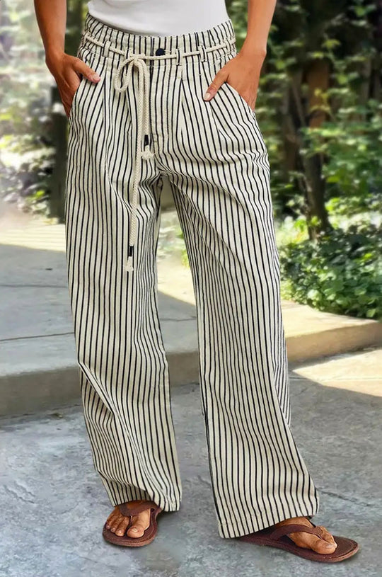 Damen lässige weite Hose im Streifenlook mit elastischem Bund und Bindegürtel EB