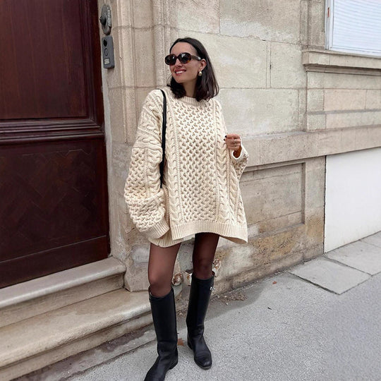 Damen Oversized Strickpullover mit Zopfmuster EB