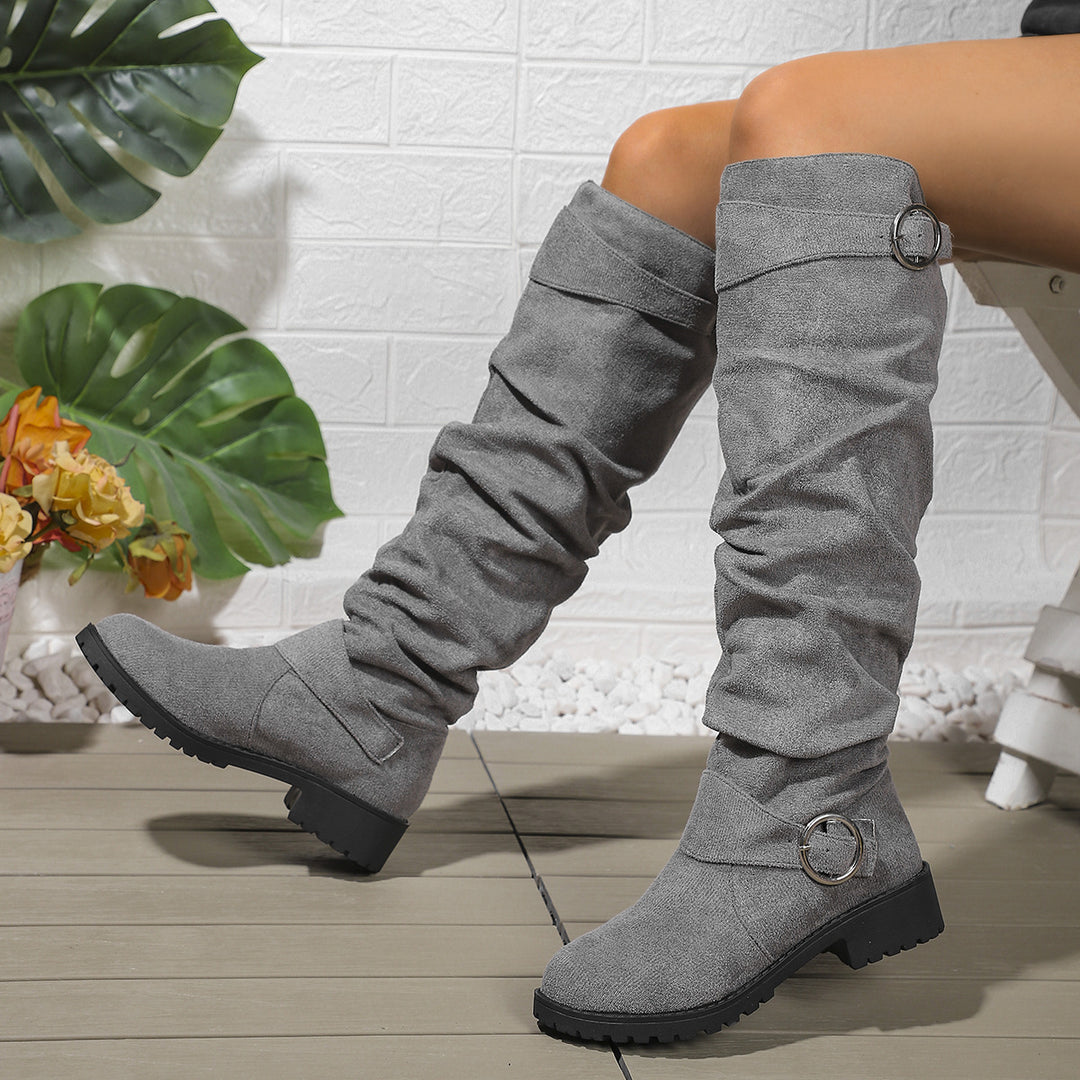 Damen modische Overkneestiefel mit lässigem Falten-Look und robustem Profil EB