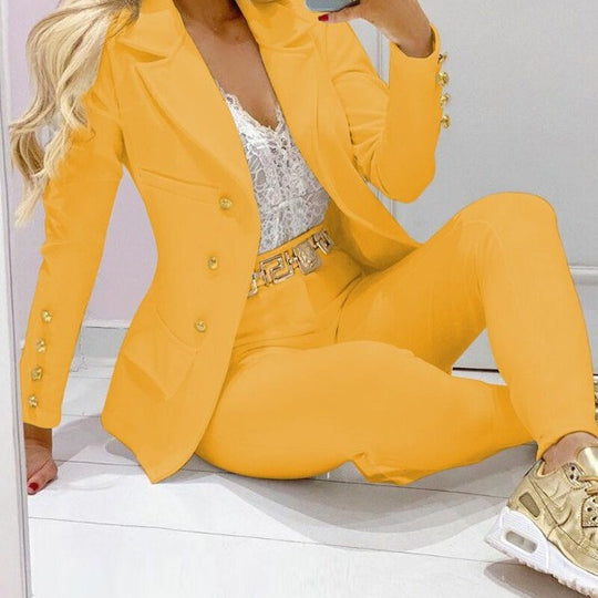 Damen Taillierter Zweiteiler Blazer mit Goldknöpfen und Slim-Fit Hose EB