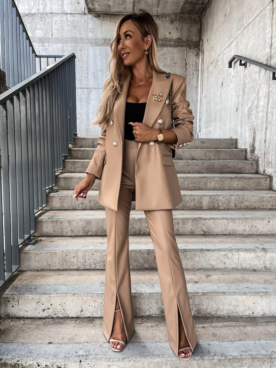 Damen eleganter und stylischer Blazer mit hoher Taille und Schlitz EB