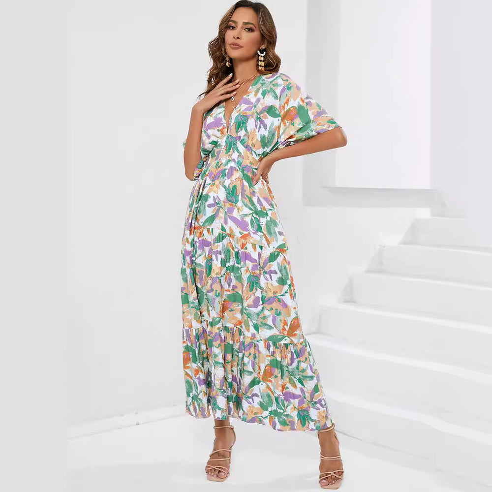 Damen Maxi-Kleid mit V-Ausschnitt und floralen Mustern EB