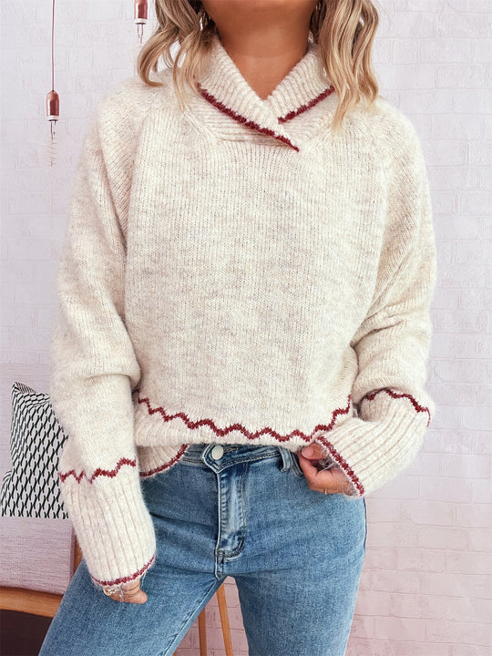 Damen lässiger Strickpullover mit modischem Kragen und fransigen Akzenten EB