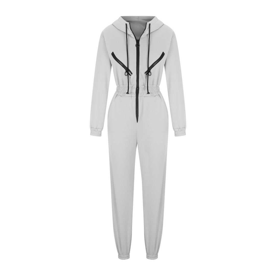 Damen taillierter Kapuzen-Jumpsuit mit elastischem Bund und markanten Kontrast-Reißverschlüssen EB